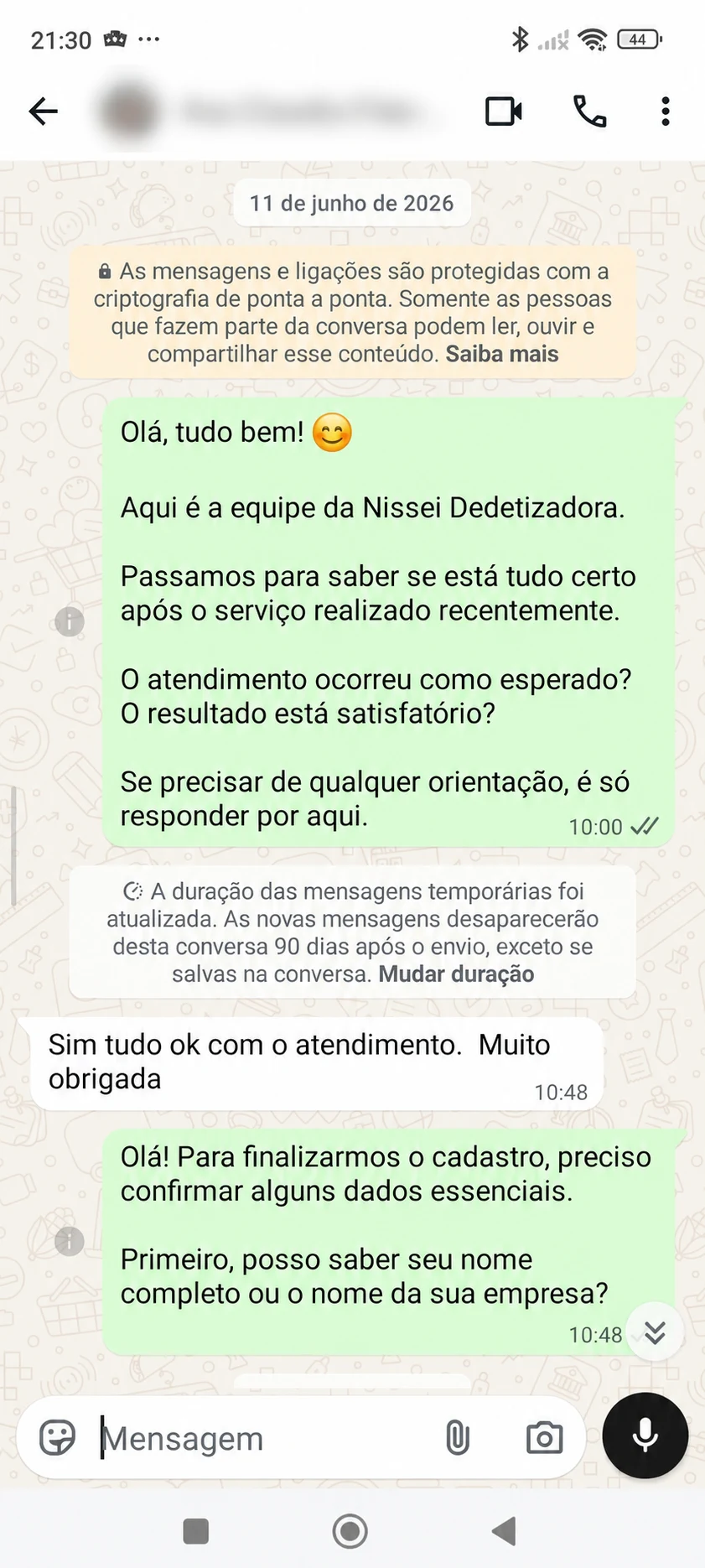 Retorno de cliente após atendimento da Nissei Dedetizadora