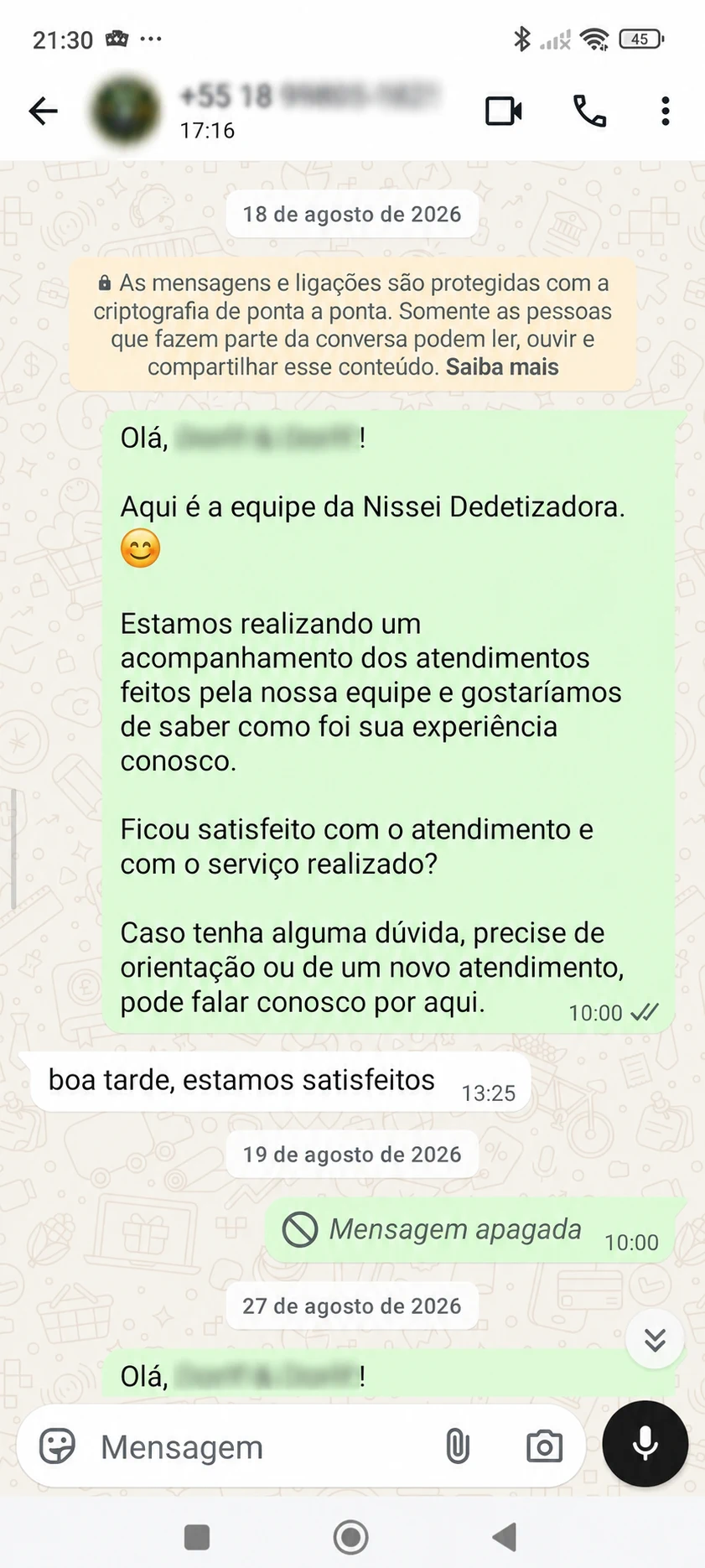 Cliente satisfeito com serviço de controle de pragas