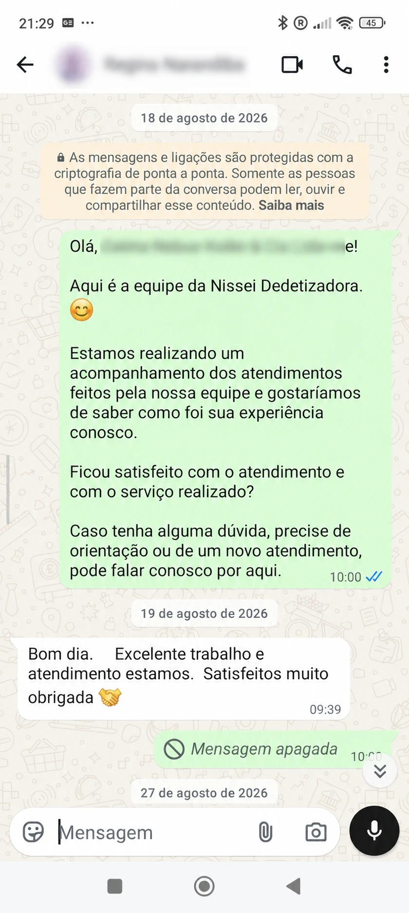 Depoimento de cliente atendido pela Nissei Dedetizadora