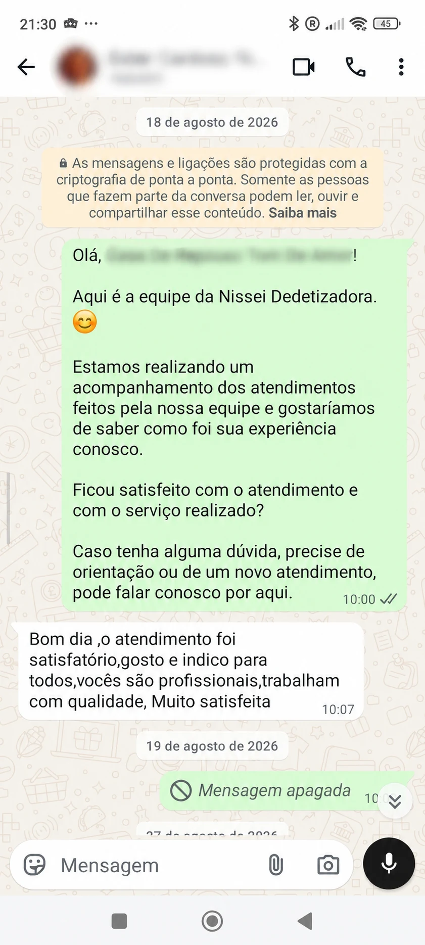 Avaliação sobre atendimento da Nissei Dedetizadora